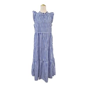 J.Crew Women’s M Blue White Gingham Tiered Midi Dress Ruffle Sleeve 100% Cotton